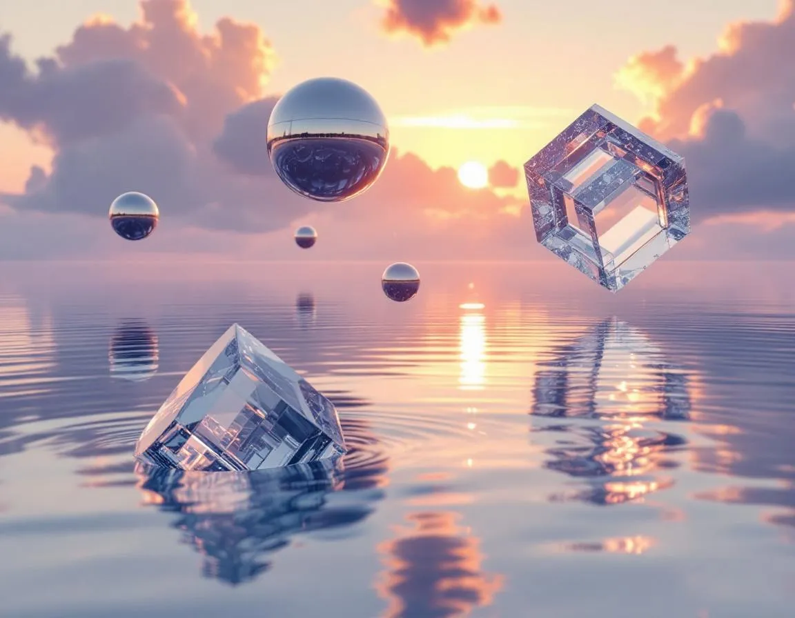 Glass cubes and chrome spheres floating over a reflective ocean at sunset generated in Made