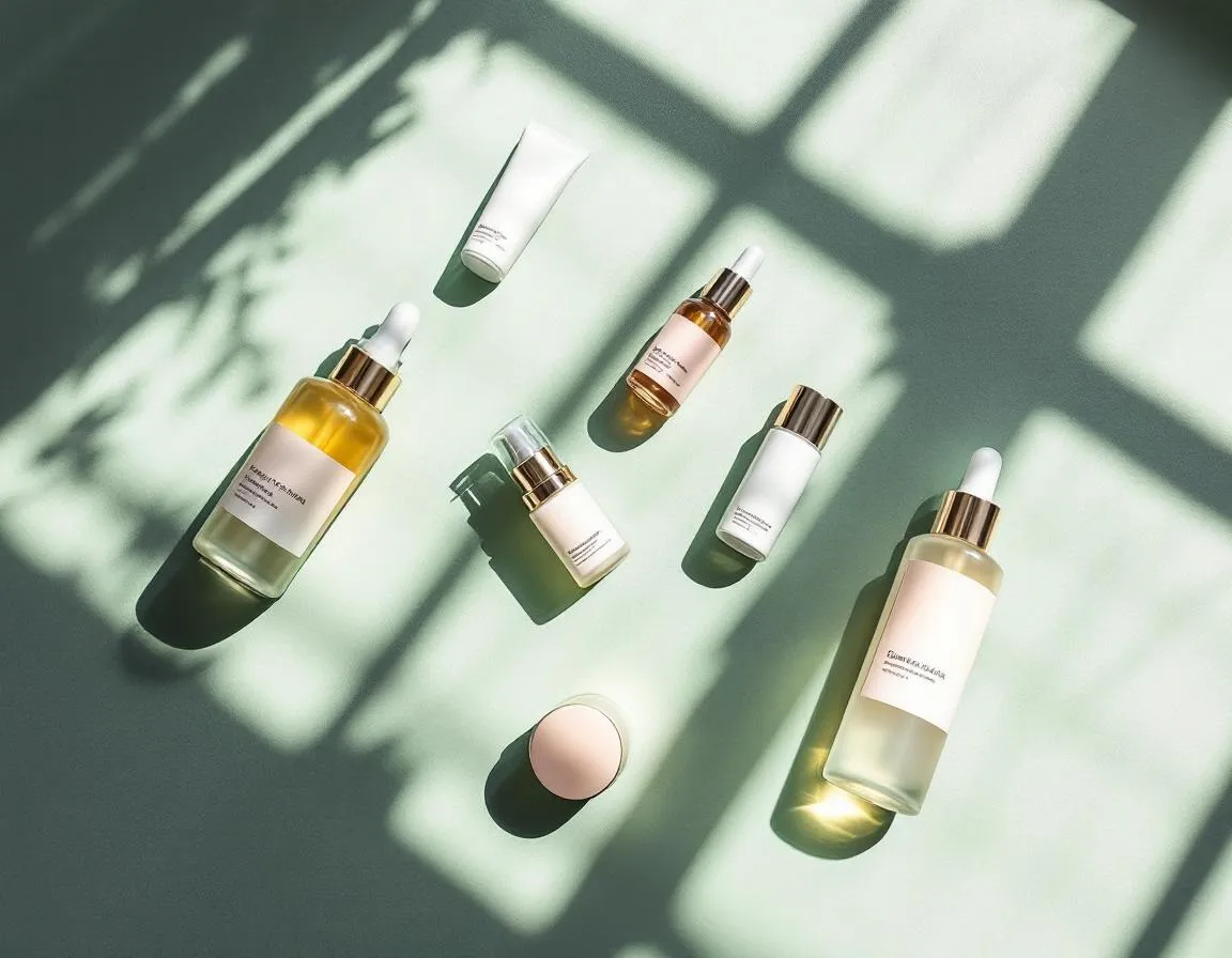 Overhead skincare bottle flat lay with window shadows generated in Made